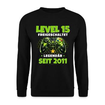 15th Birthday Gamer Shirt Level 15 Unlocked - Unisex Sweatshirt - black - Front - Alina (178cm) & Michal (187cm)