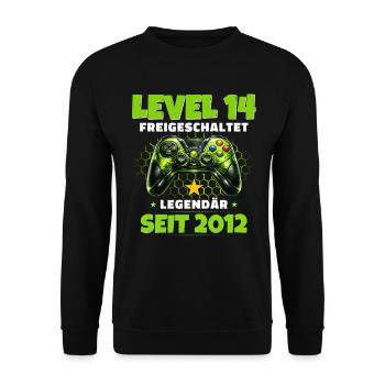 14. Geburtstag Gamer Shirt Level 14 freigeschaltet - Unisex Pullover - Schwarz - Vorne - Alina (178cm) & Michal (187cm)