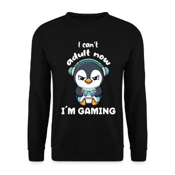 Je ne peux pas être adulte maintenant, je joue drôle, joueur drôle, Pingouin - Sweat-shirt Unisexe - noir - Devant - Alina (178cm) & Michal (187cm)