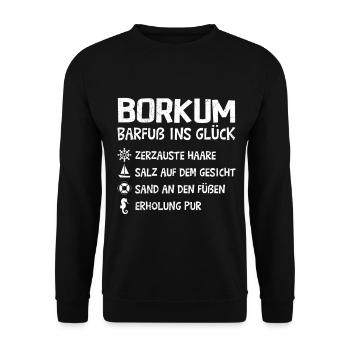 Nordsee Urlaub BORKUM BARFUß INS GLÜCK Lustiges - Unisex Pullover - Schwarz - Vorne - Alina (178cm) & Michal (187cm)