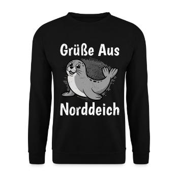North Sea Holiday GREETINGS FROM NORDDEICH Funny - Unisex Sweatshirt - black - Front - Alina (178cm) & Michal (187cm)