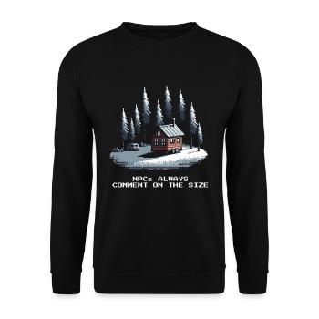 Alle kommentieren die Größe | Tiny House Humor - Unisex Pullover - Schwarz - Vorne - Alina (178cm) & Michal (187cm)
