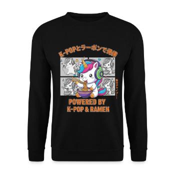Angetrieben von K-Pop und Ramen Niedliches Kpop-Anime-Einhorn - Unisex Pullover - Schwarz - Vorne - Alina (178cm) & Michal (187cm)