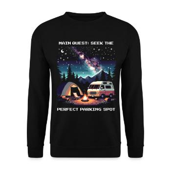 Perfekter Stellplatz gesucht | Van Life Quest - Unisex Pullover - Schwarz - Vorne - Alina (178cm) & Michal (187cm)