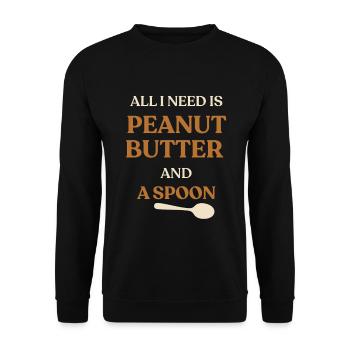Alles, was ich brauche, ist Erdnussbutter und Löffel – lustige Worte - Unisex Pullover - Schwarz - Vorne - Alina (178cm) & Michal (187cm)