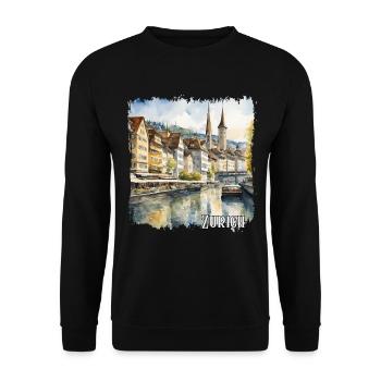 Aquarelle de Zurich, Zurich Suisse - Sweat-shirt Unisexe - noir - Devant - Alina (178cm) & Michal (187cm)