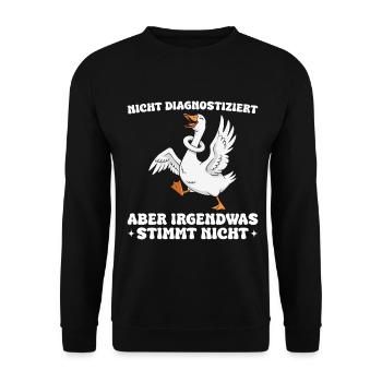Lustige Gans Spruch Irgendwas stimmt nicht - Unisex Pullover - Schwarz - Vorne - Alina (178cm) & Michal (187cm)