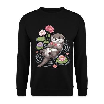 T-shirt Loutre avec des nénuphars – Motif animal mignon - Sweat-shirt Unisexe - noir - Devant - Alina (178cm) & Michal (187cm)