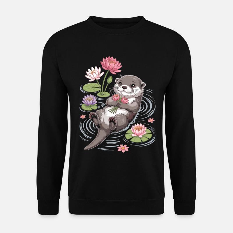 Otter T-Shirt mit Seerosen – Süßes Tiermotiv - Unisex Pullover - Schwarz