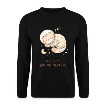 Nickerchen Neptun | Süße Space Katze - Unisex Pullover - Schwarz - Vorne - Alina (178cm) & Michal (187cm)
