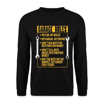 Auto Restauration Garage Rules - Unisex Pullover - Schwarz - Vorne - Alina (178cm) & Michal (187cm)