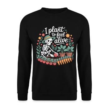Garten Humor Shirt – Skelett pflanzt Gemüse - Unisex Pullover - Schwarz - Vorne - Alina (178cm) & Michal (187cm)