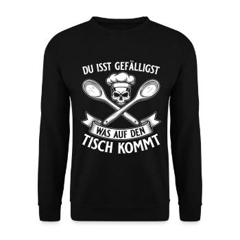 Du isst was auf den Tisch kommt - Koch Totenkopf - Unisex Pullover - Schwarz - Vorne - Alina (178cm) & Michal (187cm)