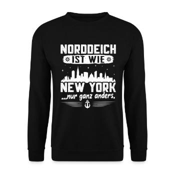 NORDDEICH IST WIE NEW YORK NUR GANZ ANDERS - Unisex Pullover - Schwarz - Vorne - Alina (178cm) & Michal (187cm)