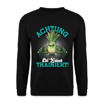 Kraftsport ACHTUNG EIN LAUCH TRAINIERT Lustig - Unisex Pullover - Schwarz - Vorne - Alina (178cm) & Michal (187cm)