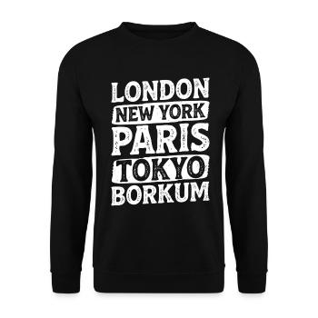 Borkumer LONDRES NEW YORK PARIS TOKYO Drôle - Sweat-shirt Unisexe - noir - Devant - Alina (178cm) & Michal (187cm)