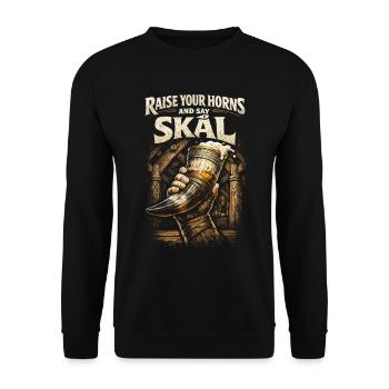 Skandinavisch Wikinger Raise Your Horns - Unisex Pullover - Schwarz - Vorne - Alina (178cm) & Michal (187cm)