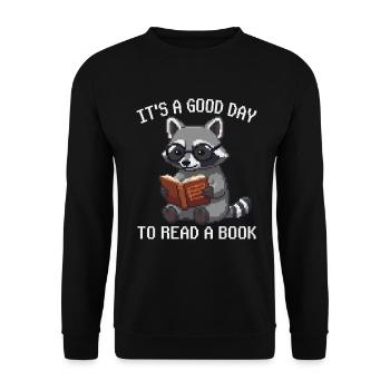 Es ist ein guter Tag, um ein Buch zu lesen, Waschbär-Pixelkunst - Unisex Pullover - Schwarz - Vorne - Alina (178cm) & Michal (187cm)