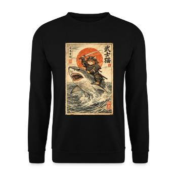 Samurai Katze, Japanischer Krieger & Kämpfer, Hai - Unisex Pullover - Schwarz - Vorne - Alina (178cm) & Michal (187cm)