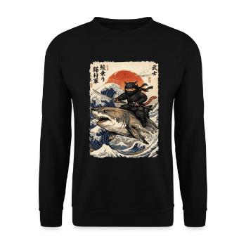 Ninja Katze, Japanischer Krieger & Kämpfer, Hai - Unisex Pullover - Schwarz - Vorne - Alina (178cm) & Michal (187cm)