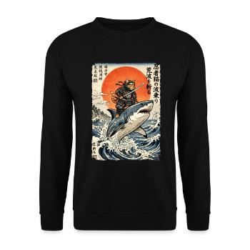 Ninja Katze, Japanischer Krieger & Kämpfer, Hai - Unisex Pullover - Schwarz - Vorne - Alina (178cm) & Michal (187cm)