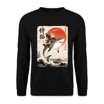 Samurai Katze, Japanischer Krieger & Kämpfer, Hai - Unisex Pullover - Schwarz - Vorne - Alina (178cm) & Michal (187cm)