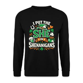 I put the She in Shenanigans | St. Patrick's Day - Unisex Pullover - Schwarz - Vorne - Alina (178cm) & Michal (187cm)
