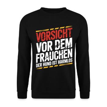 Hund Spruch T-Shirt – Vorsicht Vor Dem Frauchen - Unisex Pullover - Schwarz - Vorne - Alina (178cm) & Michal (187cm)