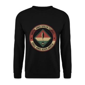 Angeln statt Fußball: Retro Patch Angler Fischen - Unisex Pullover - Schwarz - Vorne - Alina (178cm) & Michal (187cm)