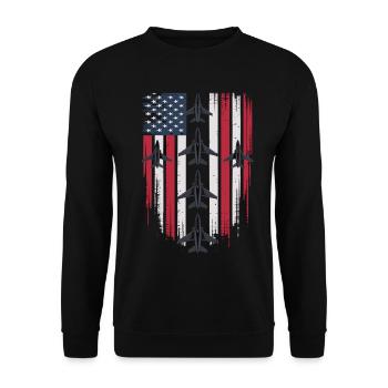 Jet Fighter USA Flagge – Pilot Flugzeug - Unisex Pullover - Schwarz - Vorne - Alina (178cm) & Michal (187cm)