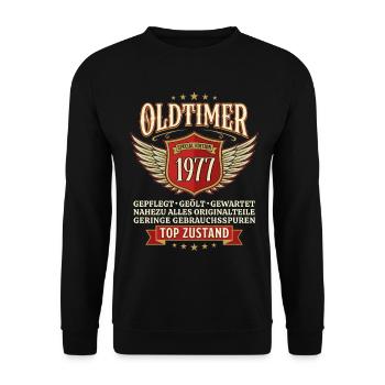 Oldtimer Jahrgang 1977 Geburtstag Top Zustand - Unisex Pullover - Schwarz - Vorne - Alina (178cm) & Michal (187cm)
