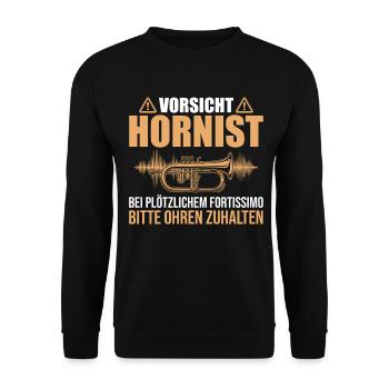 Vorsicht Hornist: Fortissimo Ohren zuhalten - Unisex Pullover - Schwarz - Vorne - Alina (178cm) & Michal (187cm)