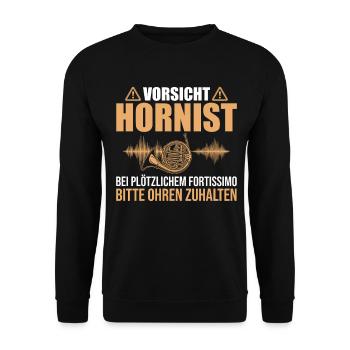 Vorsicht Hornist: Fortissimo Ohren zuhalten - Unisex Pullover - Schwarz - Vorne - Alina (178cm) & Michal (187cm)
