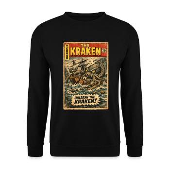 Kraken Seeungeheuer Vintage Comic - Unisex Pullover - Schwarz - Vorne - Alina (178cm) & Michal (187cm)