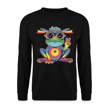 Hippie Frosch T-Shirt – Peace Regenbogen Frosch - Unisex Pullover - Schwarz - Vorne - Alina (178cm) & Michal (187cm)