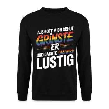 Als Gott mich schuf grinste er – Pride Humor - Unisex Pullover - Schwarz - Vorne - Alina (178cm) & Michal (187cm)