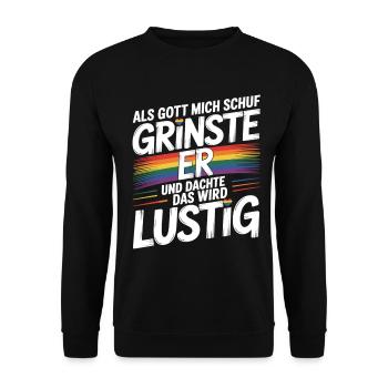 Als Gott mich schuf grinste er – Pride Humor - Unisex Pullover - Schwarz - Vorne - Alina (178cm) & Michal (187cm)