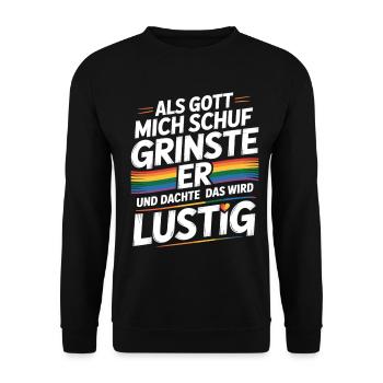 Als Gott mich schuf grinste er – Pride Humor - Unisex Pullover - Schwarz - Vorne - Alina (178cm) & Michal (187cm)