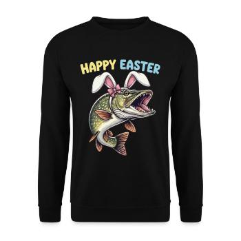 Osterfisch Hecht mit Hasenohren - Unisex Pullover - Schwarz - Vorne - Alina (178cm) & Michal (187cm)