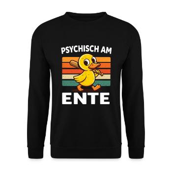 Psychisch am Ente – Lustige Ente Retro - Unisex Pullover - Schwarz - Vorne - Alina (178cm) & Michal (187cm)