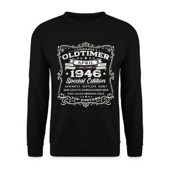 80. Geburtstag Geschenk Mann Oldtimer April1946 - Unisex Pullover - Schwarz - Vorne - Alina (178cm) & Michal (187cm)