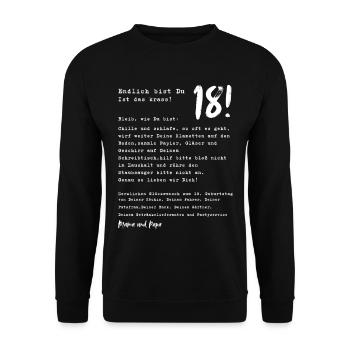 Endlich 18! Lustiges Geschenk von Eltern - Unisex Pullover - Schwarz - Vorne - Alina (178cm) & Michal (187cm)