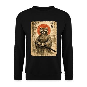 Samurai, Waschbär, Japanische Kunst, Anime - Unisex Pullover - Schwarz - Vorne - Alina (178cm) & Michal (187cm)