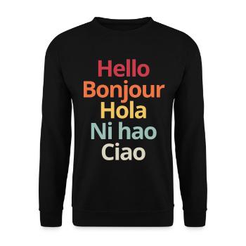 Hallo in verschiedenen Sprachen, lustiges linguistisches Tee - Unisex Pullover - Schwarz - Vorne - Alina (178cm) & Michal (187cm)