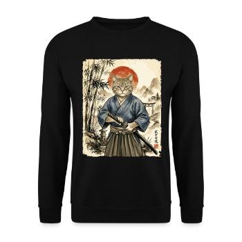 Samurai, Katze, Kater, Japanische Kunst, Anime - Unisex Pullover - Schwarz - Vorne - Alina (178cm) & Michal (187cm)