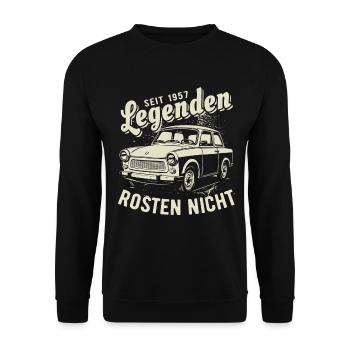 Trabi | Legenden Rosten Nicht | Oldtimer - Unisex Pullover - Schwarz - Vorne - Alina (178cm) & Michal (187cm)