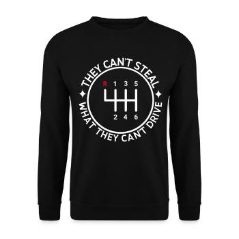 Eingebauter Diebstahlschutz, Schalthebel, manueller Gang - Unisex Pullover - Schwarz - Vorne - Alina (178cm) & Michal (187cm)
