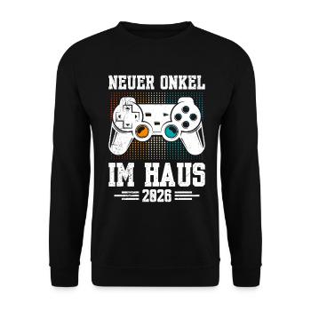 Familie Set NEW UNCLE ON THE BLOCK 2026 LUSTIG - Unisex Pullover - Schwarz - Vorne - Alina (178cm) & Michal (187cm)