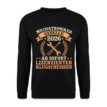 Mechatroniker Geselle 2026 – Ausbildung Bestanden - Unisex Pullover - Schwarz - Vorne - Alina (178cm) & Michal (187cm)