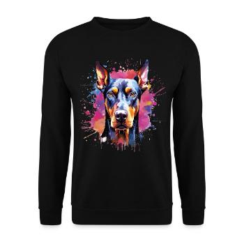 Lebendiges Aquarell-Dobermann-Porträt - Unisex Pullover - Schwarz - Vorne - Alina (178cm) & Michal (187cm)
